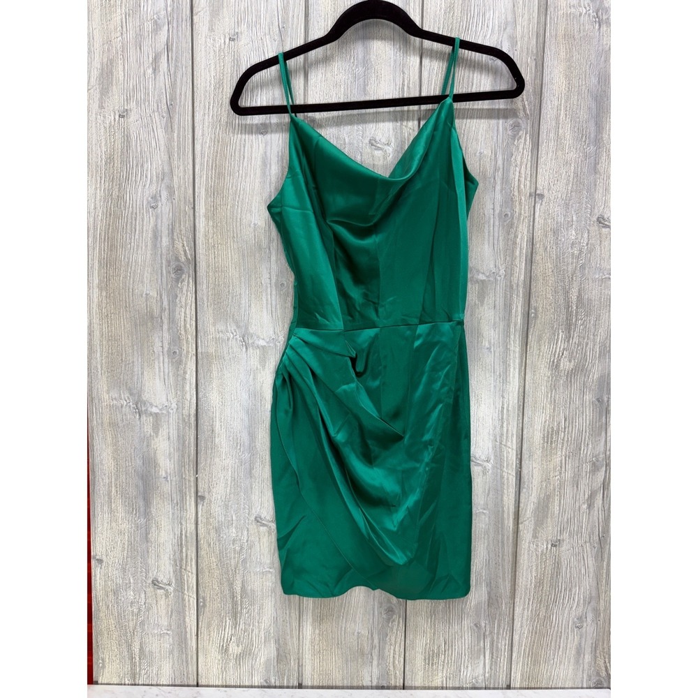 E.M.O. Emerald Green Satin Cowl Neck Draped Mini Dress Made in Poland